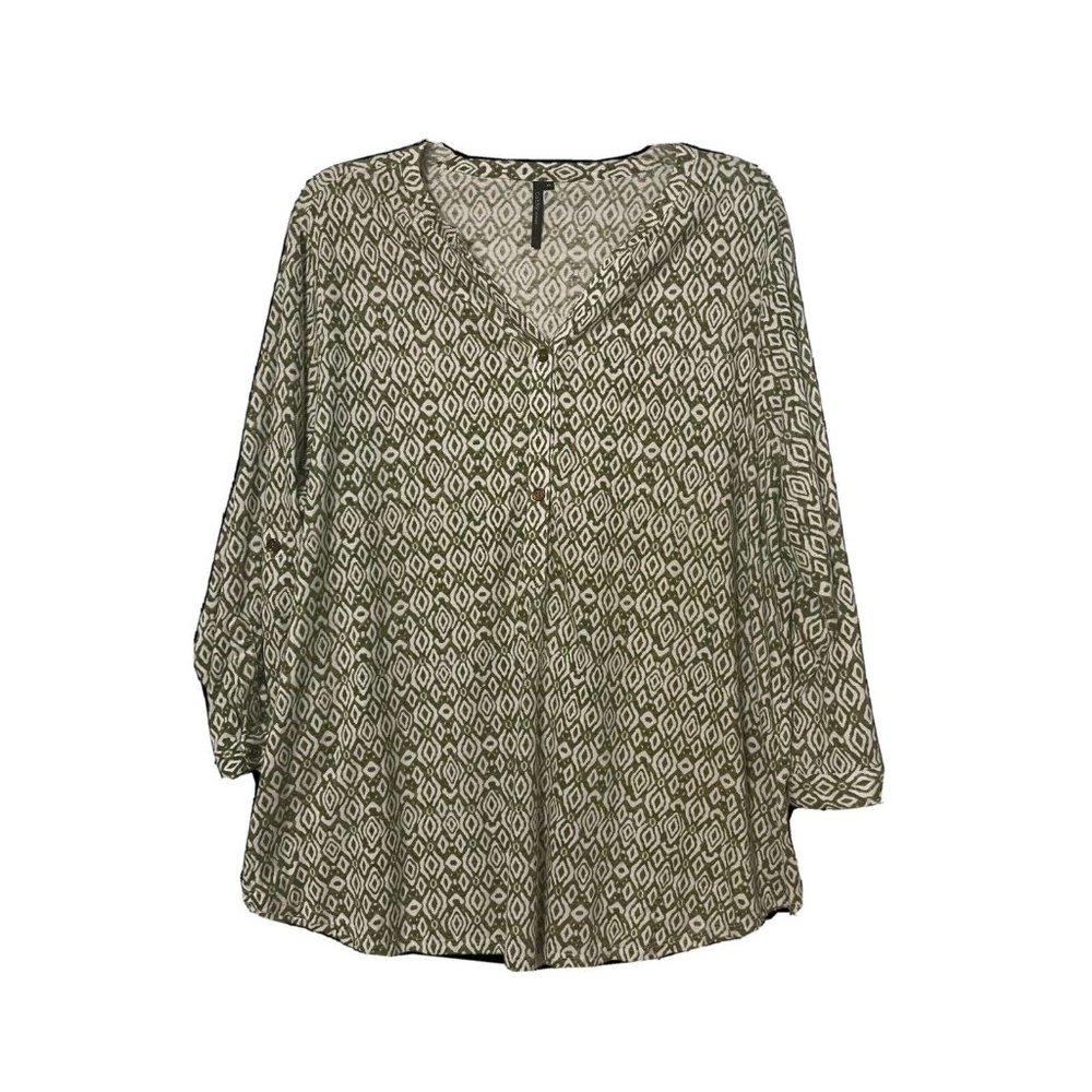 Kathy Blouse Womens Top Tunic Plus Size 3X Roll Tab Green Geo Print V Neck 3/4 S